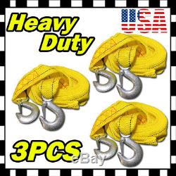 3PC 13FT (2 X 13') Yellow Rope Heavy Duty Tow Strap Hooks 10K Lb 5 Ton Capacity