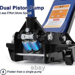 Low Profile Floor Jack 3 Ton Heavy Duty Steel Dual Piston Rapid Pump Blue