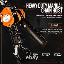 Manual Chain Hoist Come Along 1/4 Ton 550lbs Capacity 5' Foot Lift 2 Heavy Duty
