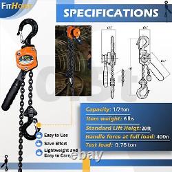 Mini Lever Chain Hoist with 20' Lift G80 Chain Heavy Duty Hooks 1/2 Ton Capacity