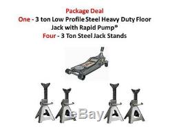 One 3 Ton Heavy Duty Steel Ultra LOW PROFILE Floor Jack & Four 3 ton Jack Stands